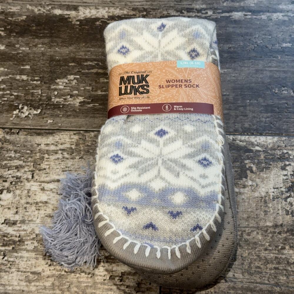 Muk Luks Womens Slipper Sock L XL 8 10 Gray Blue Knit Slip Resistant Cozy NWT‎